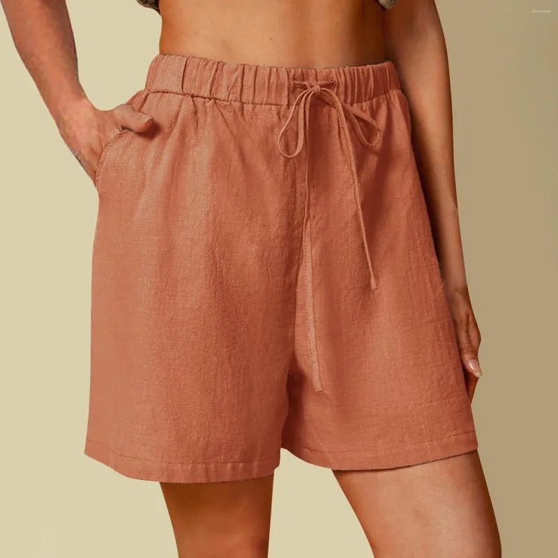 Shorts ativos cintura de algodão mulheres elásticas de verão casual e de alto sólido calça de carga feminina com bolsos