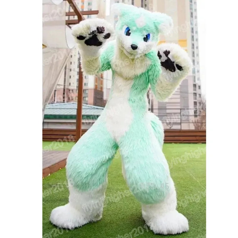 Halloween Green Long Fur Husky Husky Dog Mascot Costume Personalizar Cartoon Anime Tema Personagem Xmas Externo ao ar livre