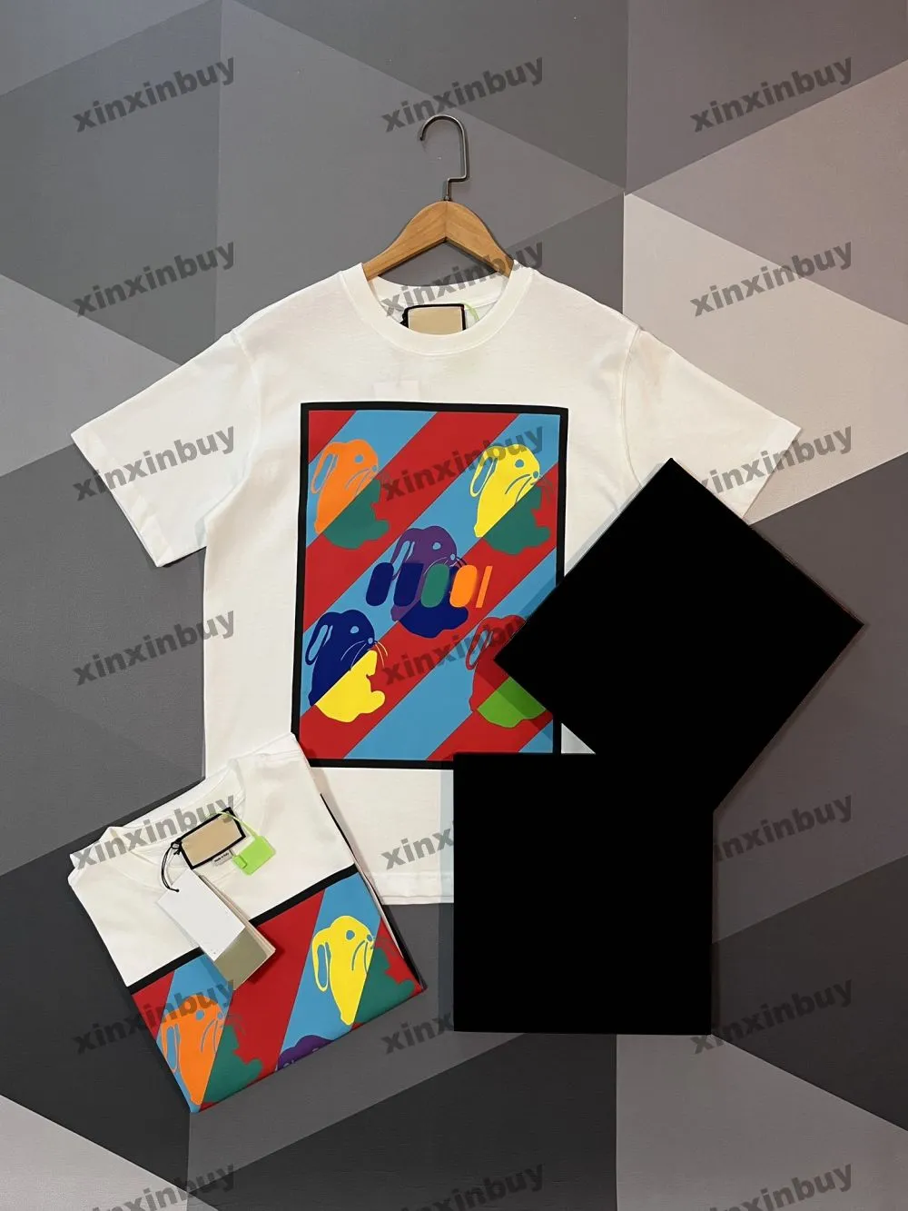 xinxinbuy Men designer Tee t shirt 23ss stripe rabbit print short sleeve cotton women black white blue M-2XL