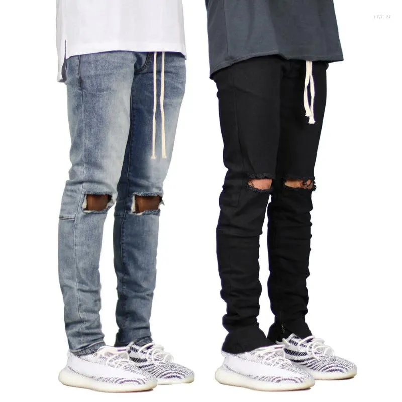 Herenjeans y2k streetwear high street mode gescheurd veter omhoog zip heren mannen kleding blauwe zwarte skinny broek