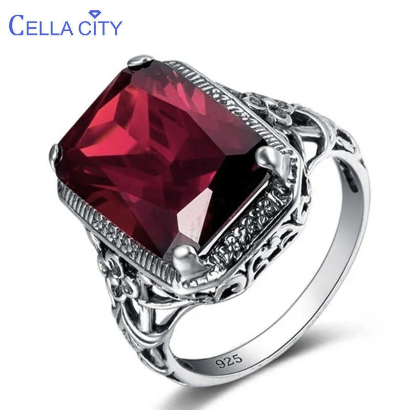 Bandringar Cellity Geometry Ruby Ring for Women Silver 925 Jewelry Rectangle Gemstones Luxury Design Female Anniversary Party Cessory J230517