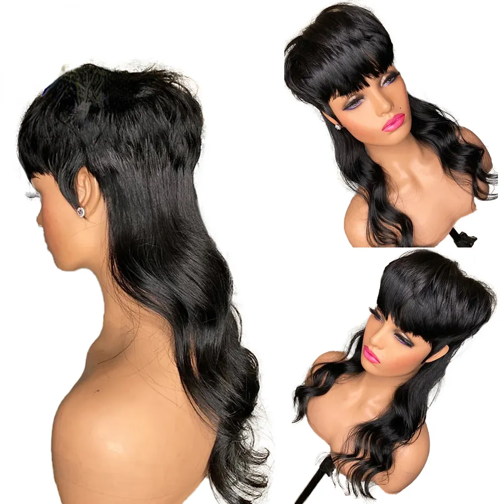 Brazilian Remy Human Hair Short Pixie Cut Wigs Full Lace Front Wig With Bangs Black /Brown/Blonde Body Wave Wigs For Women