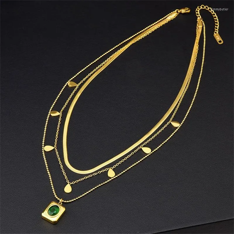 Kedjor Europeiska och amerikanska temperament Multi-Layer Water Drop Square Green Zircon Pendant Fashion Design CLAVICLE CHAIN ​​Gift