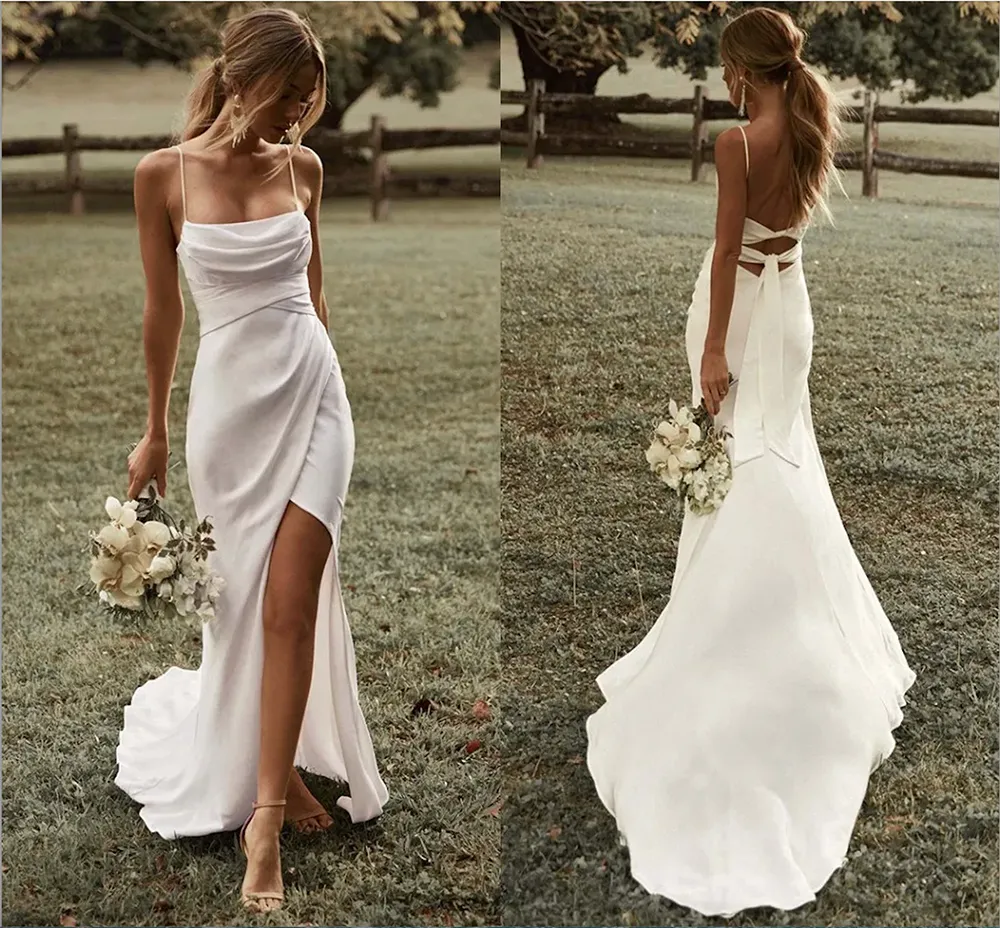 Backless White Mermaid Satin Spaghetti Straps Wedding Dress Backless White Mermaid Satin Spaghetti Straps Wedding Dress