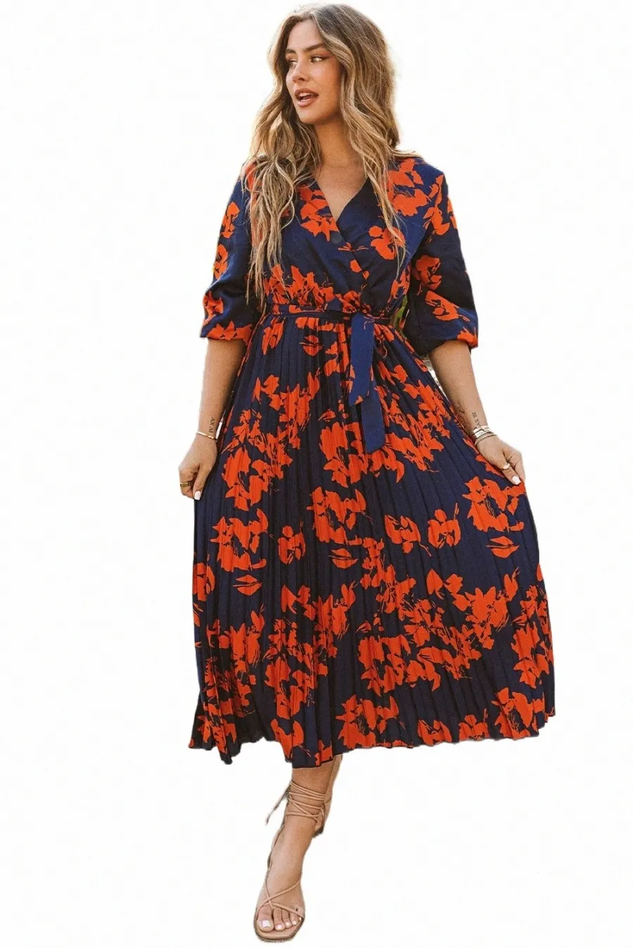 Vestido maxi floral plisado cruzado con cuello en V naranja con corbata l7Sl #