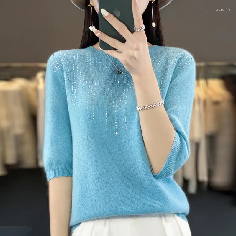 Women's T Shirts Seamless Cashmere Half Sleeves Women's O-Neck Pullover Top Merino Wool Tank Fashion Knitted With Diamond Line T-shirt