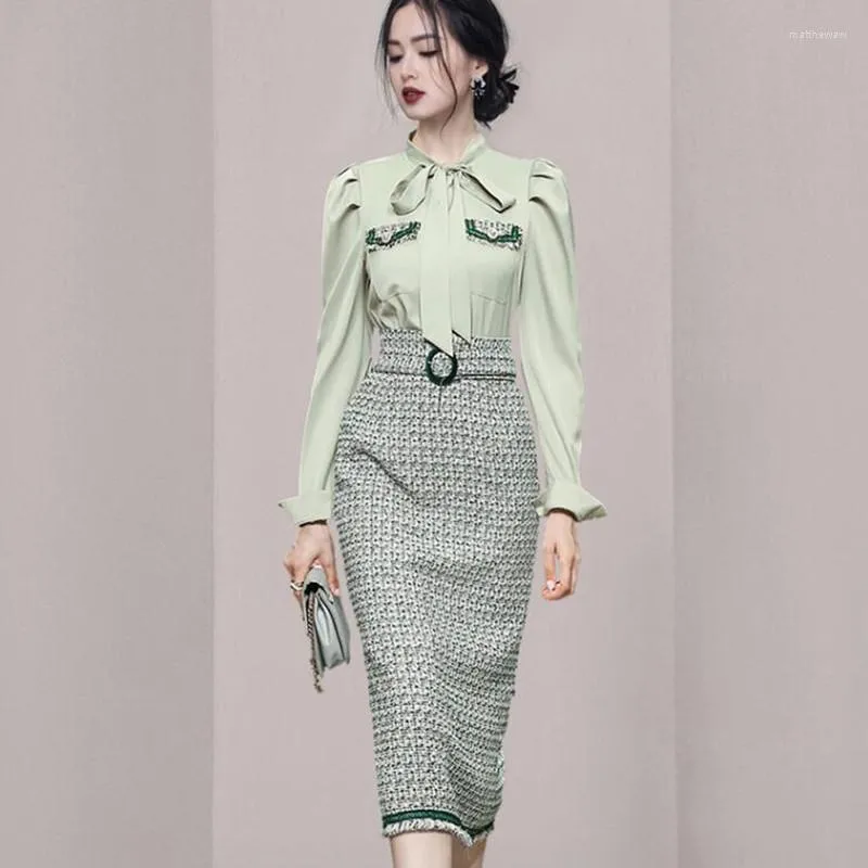 Vestidos de trabalho Zawfl 2023 Autumn Sweet coreano elegante de duas peças conjunto feminino de chiffon blusa de tweed de tweed de tweed alta saia