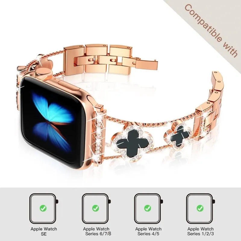 Luxury Diamond Smart Watch Leather Strap For Apple Watch Womens
