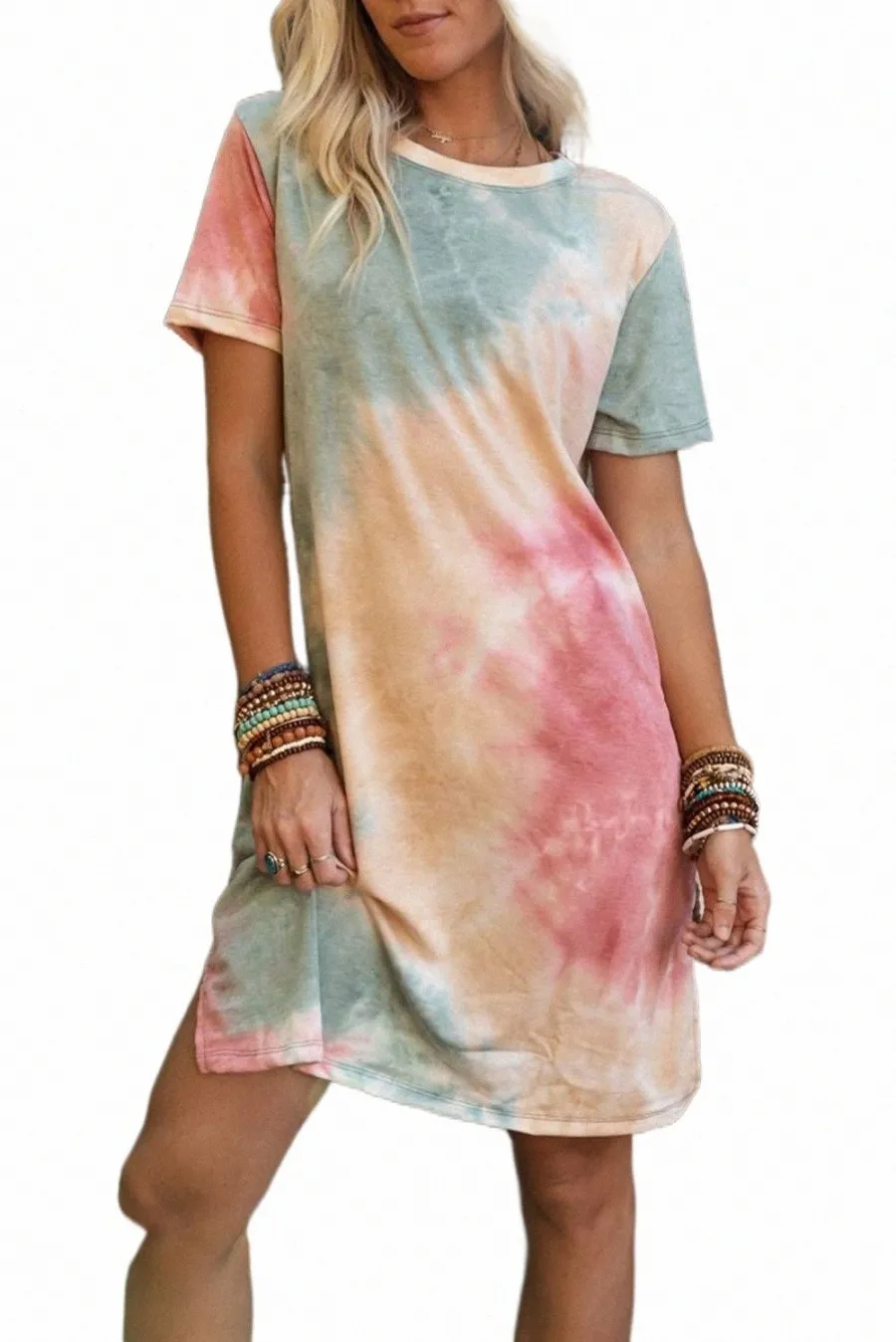 Multicolor Dye Dye Негабаритное платье Slit Tee 2023 Горячий новый p55i#