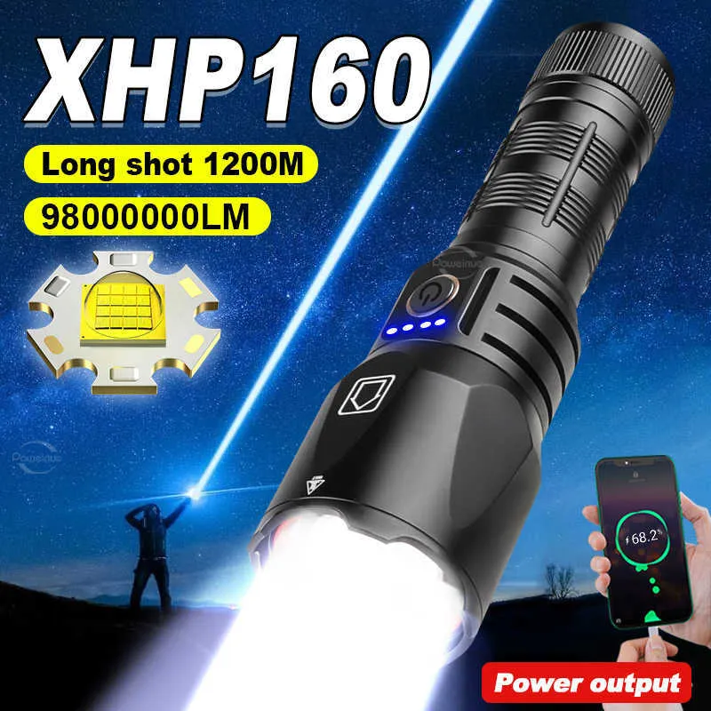 Zaklampen fakkels XHP160 High Power LED -zaklampen oplaadbare fakkel 50W Tactische zaklamp met USB -oplaadzooming 1500 meter Hunt Lantern P230517