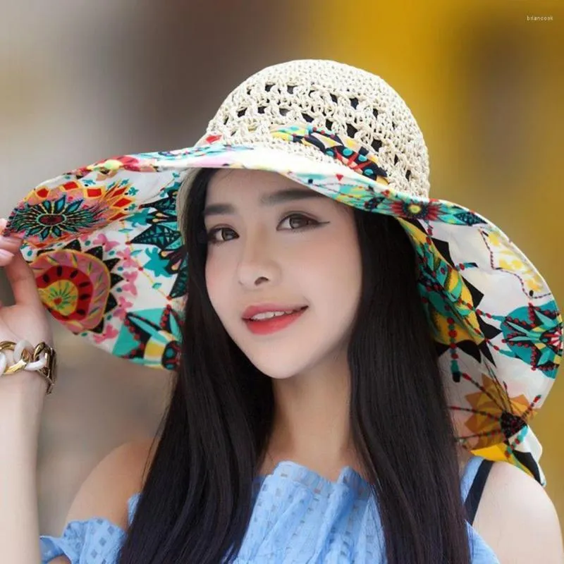 Wide Brim Hats Ethnic Style Print Patchwork Color Bow Tied Decor Sun Hat Women Big Floppy Straw Costume Accessories