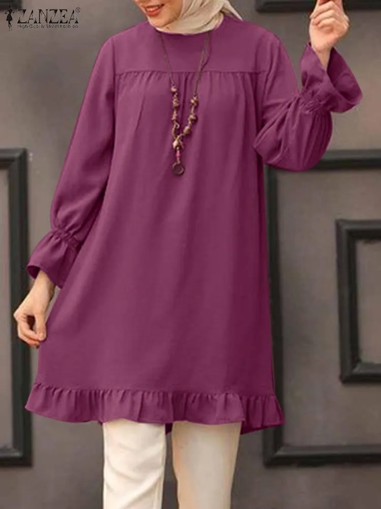 T-shirt zanzea Ny vintage damer Autumn Blus Muslim Tops för kvinnor avslappnad långärmad turkiska blusar solid färg topp islam kläder