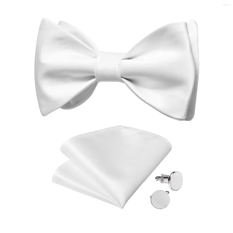 Bow Ties Luxury Silk White Solid Self-Tie Tie Fashion Men's Bowtie Pocket Square Cufflink Set For Business Party Shirt Accessory Gift