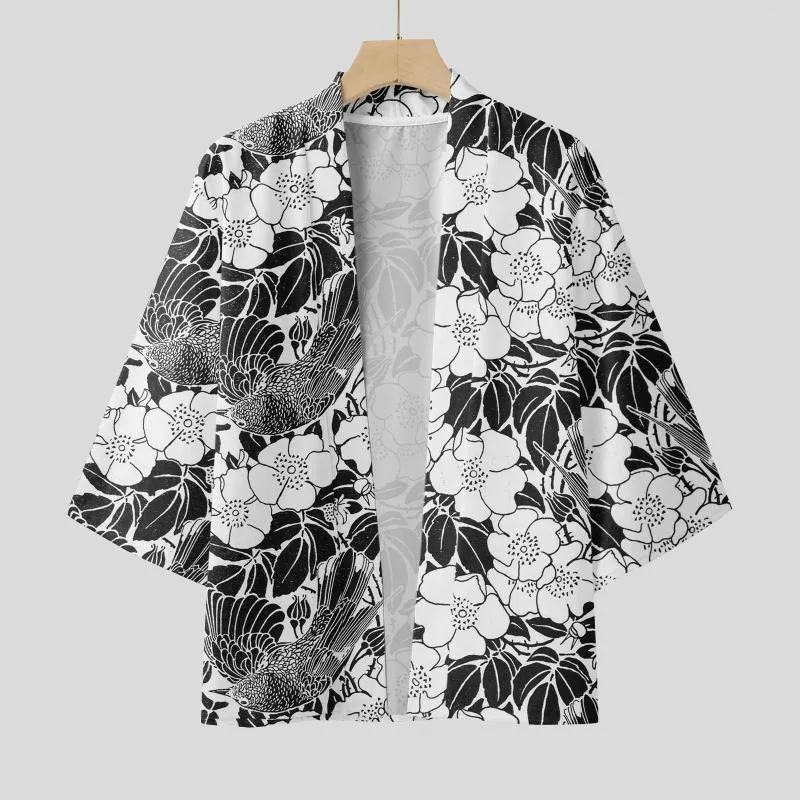 Koszulki męskie Kimono Cardigan Haori Hanfu Suit męski japoński retro w kwiatowy nadruk cienki płaszcz Summer Chinese Style Tang Robe Yukata