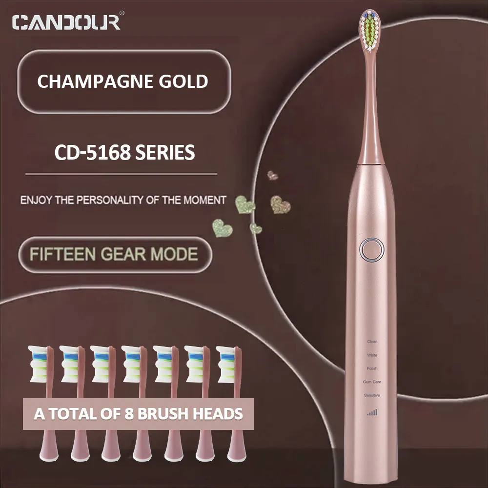 Escova de dentes Candor CD5168 Sonic Electric Rechargable Ipx8 impermeabilizado a água 15 Modo Cabeças de substituição do carregador USB Conjunto 230517