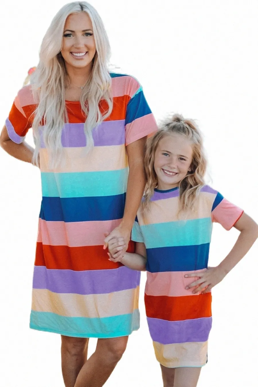 Anne ve kızı eşleşen çizgili yan bölünmüş yetişkin tişört elbise L4YK#