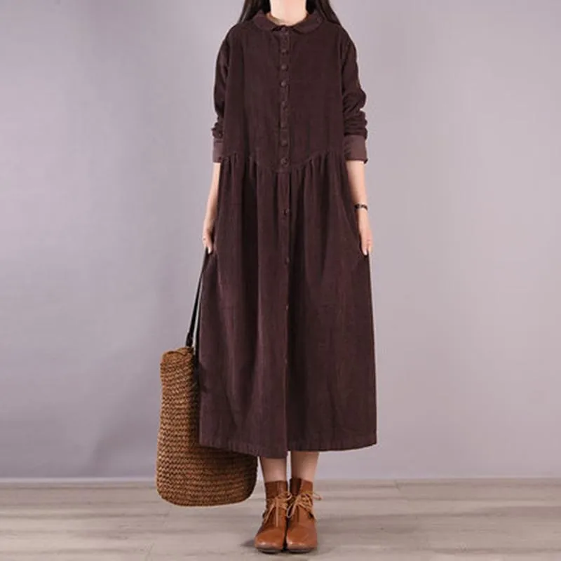 Dress 2023 New Arrival Corduroy Vintage Autumn Winter Blouse Dress Single Breasted Long Sleeve Vintage Spring Dress Women Casual Dress