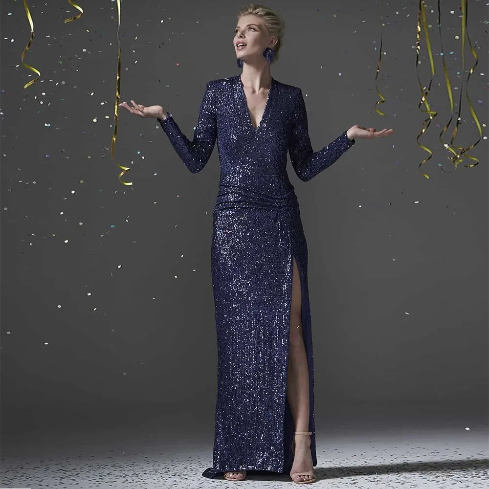 Guaina blu navy Abiti per la madre della sposa con maniche lunghe con scollo a V e paillettes Abiti da sera per la festa nuziale Spacchi laterali