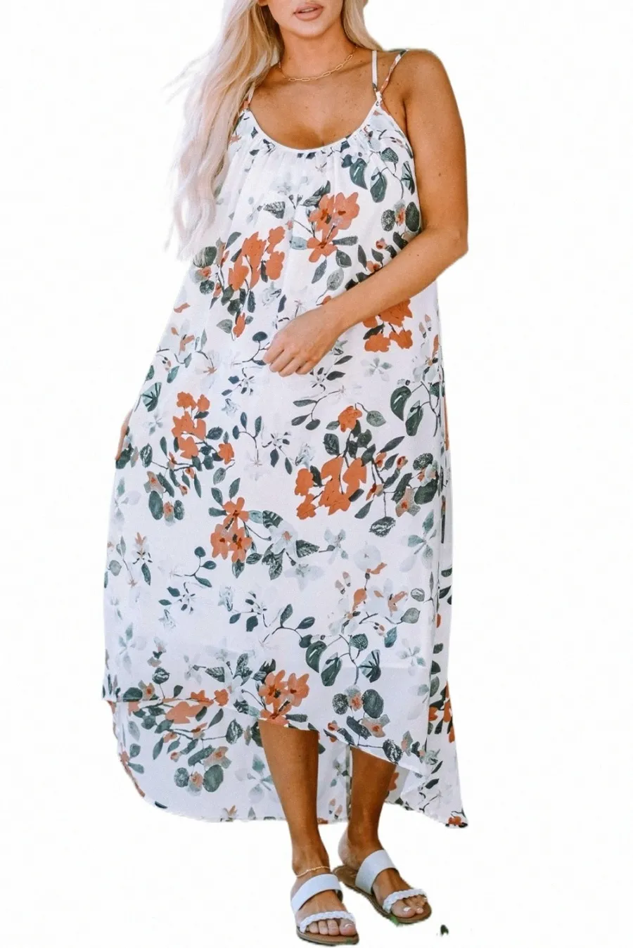 witte bloemenprint spaghetti riemen maxi jurk z2hp#