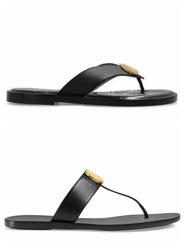 tong en cuir de mode pantoufles plates hommes femmes Black Marmont Leather Thong Sandals unisexe beach causal flip flops Double boucle Chaussures plates fuzzy Slide