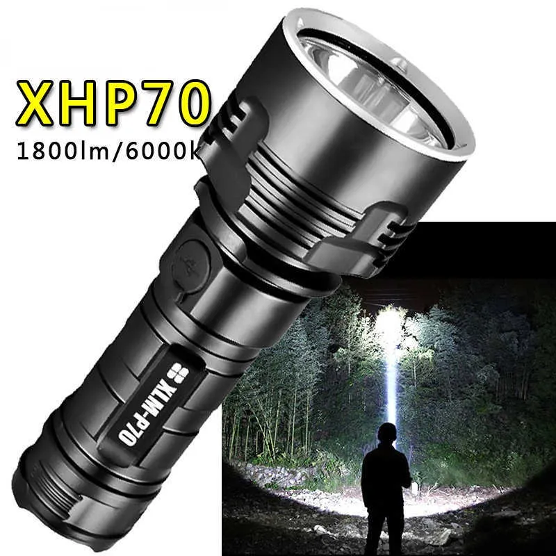 Zaklampen Torches Super Bright High Power LED -zaklamp P70 USB Oplaadbare zaklamp Waterdicht Licht 26650 Batterij Zaklampcamping Licht P230517