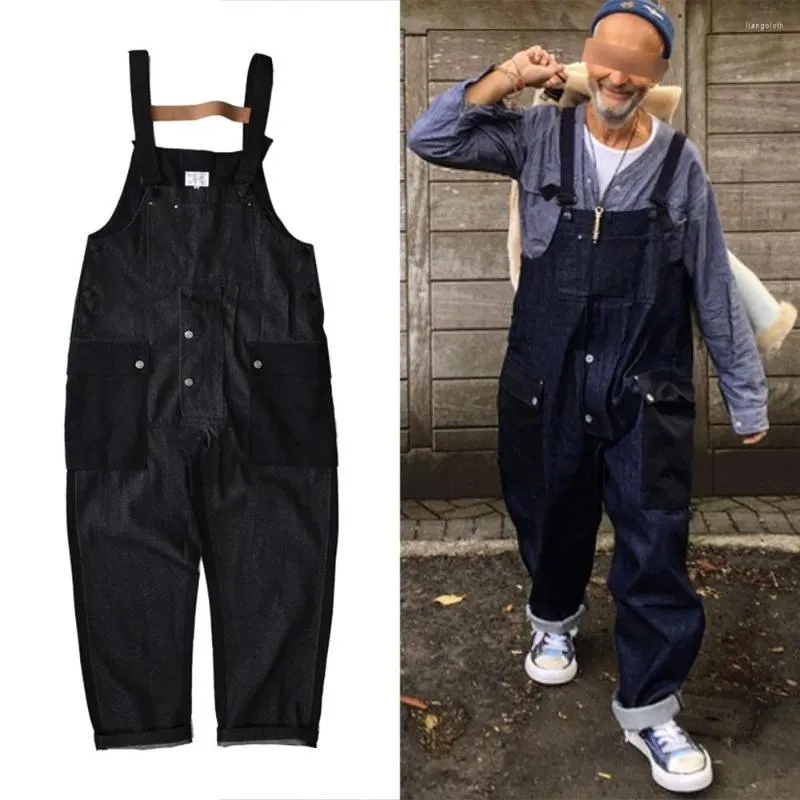 Männer Hosen Farbe Kontrast Nähte Overalls Männer Multi-Pocket Hosenträger Casual Denim Hosen