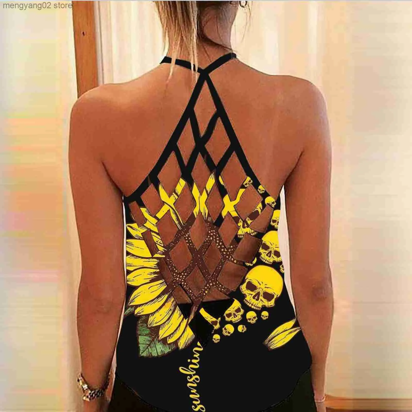 Women's Tanks Camis Women Sunflower Skull Sexy Hollow Out Open Back Suspender Vest Sleeveless Tank Top Female Backless Loose Camisole Tank Halloween T230517