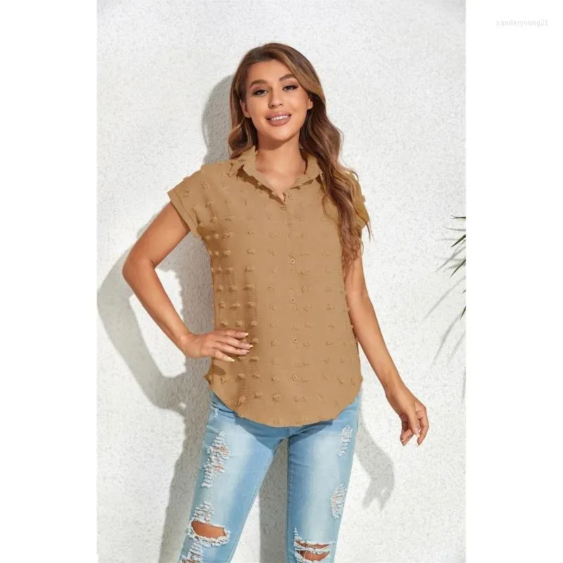 Chemisiers pour femmes Femmes D'été Décontracté À Manches Courtes Chemise Lâche Col En V Boutonné Couleur Unie Swiss-Dot En Mousseline De Soie Tunique Top 10CD