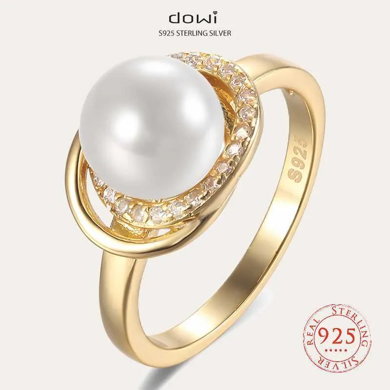 Band Rings Dowi S925 Big Pearls 18K-Gold-Plated Color Hollow Apprideration Design Finger Luxury Rings for Women Party Gift J230517