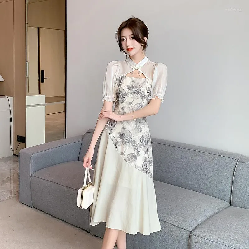 パーティードレス中国のチョンサムホローインク染料スプライシングロングキパオドレス