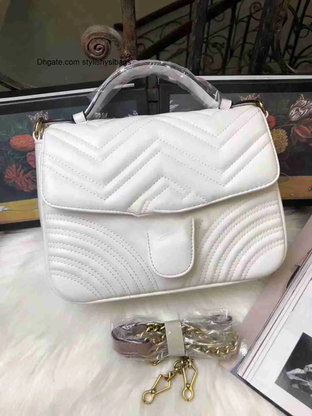 Totes Diseñadores de moda para mujer bolsos bandolera Crossbody tote monedero bolso mensaje bolsas de calidad SUPERIOR clásico # 7736 Cadena de oro Tamaño 26 CM Blanco