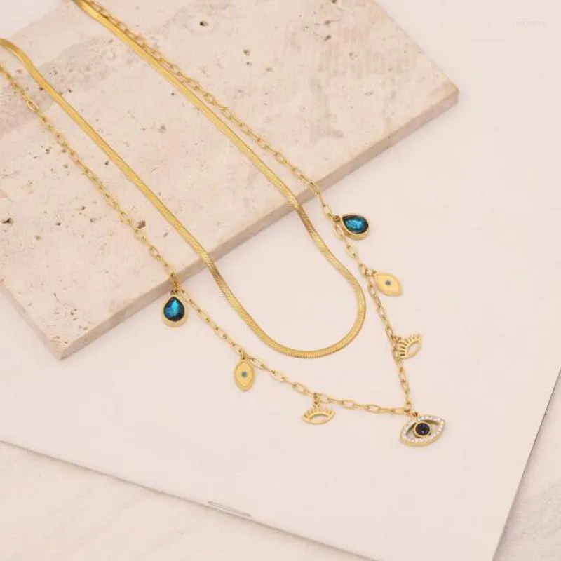 Chains 316L Stainless Steel Blue Eye Shape Pendant Necklace For Women Fashion Gold Color Girls Jewelry Wedding Party Accessorie