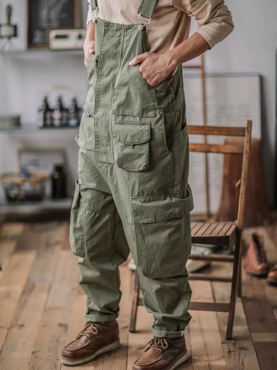 Herrenhose American Retro Overalls Ami Khaki Loose Washed Jumpsuit Hosenträger Four Seasons Casual Cotton Asymmetric Functional 230516