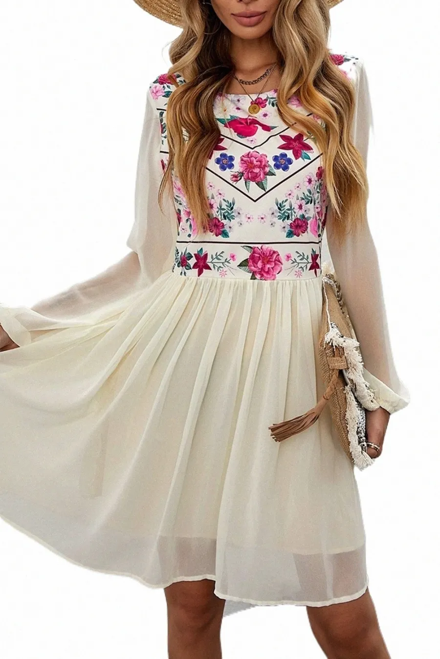 white Floral Mesh Splicing Lined Flowy Dress w0Ph#