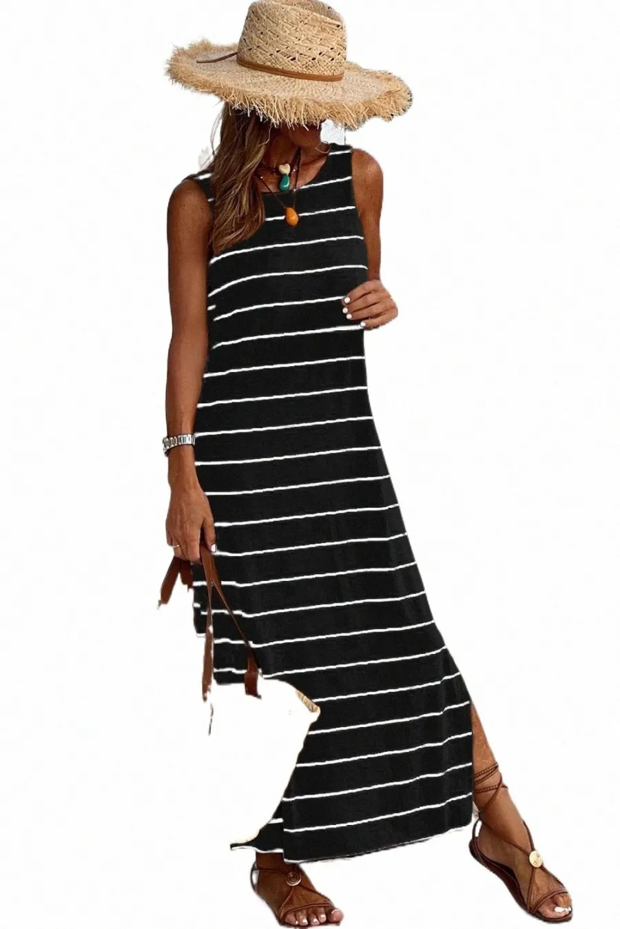 black Stripe Print Open Back Sleeveless Maxi Dress with Slits u2IL#