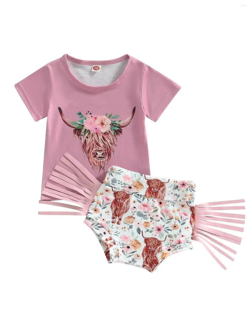 Kleidungssets Baby Mädchen Sommer Niedliche Shorts Set Kurzarm Kuhkopf T-shirt Mit Elastischer Taille Blumendruck