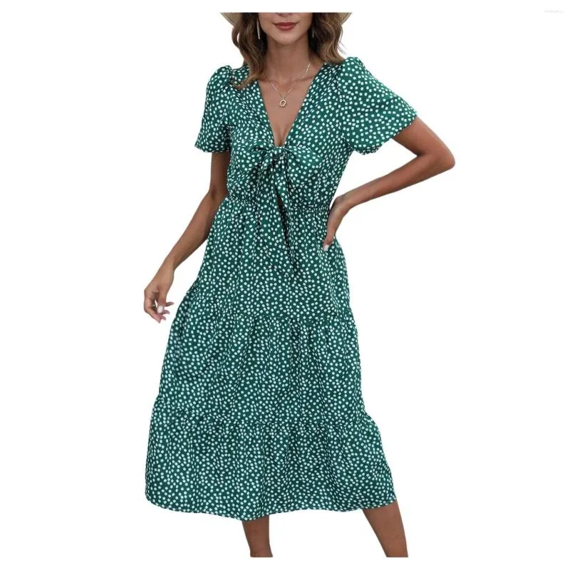 Vestidos de festa Vestido de gola curta Pão de manga curta DOT Casual de comprimento médio Bohemia Irregular Salia longa 2023 Vestuário feminino de verão