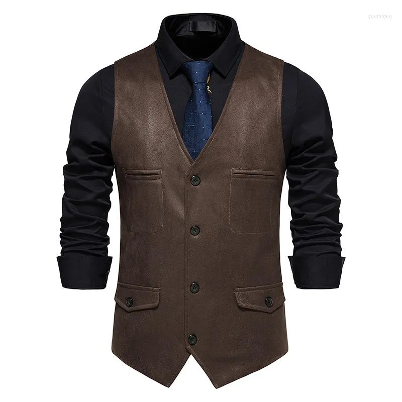 Vintage Coffee Suede Leather Mens Brown Suit Vest Sleeveless