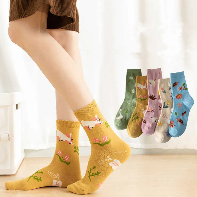 Skarpetki Hosiery Socks Fashion Floral Print Harajukus Socks Animals Cartoon Sweet Girl