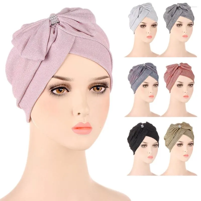 Ethnic Clothing Glitter Spring Summer Women's Turban Caps Soild Color Bow Headscarf Bonnet Muslim Inner Hijab Islamic Under Scarf