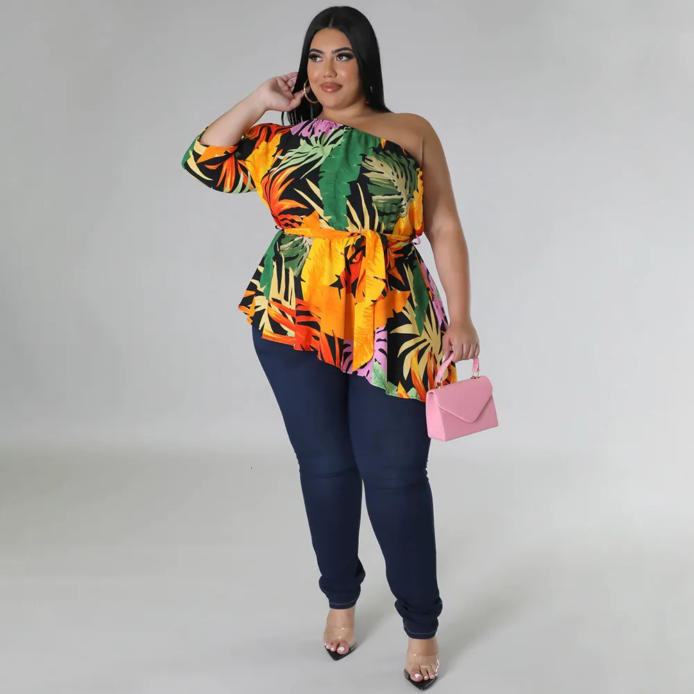 Women's Plus Size TShirt Women Tops Leaf Print One Shoulder Shirt For Lady Fashion Casual Outfit Female Belt Cloth 2023 Summer Large 230517