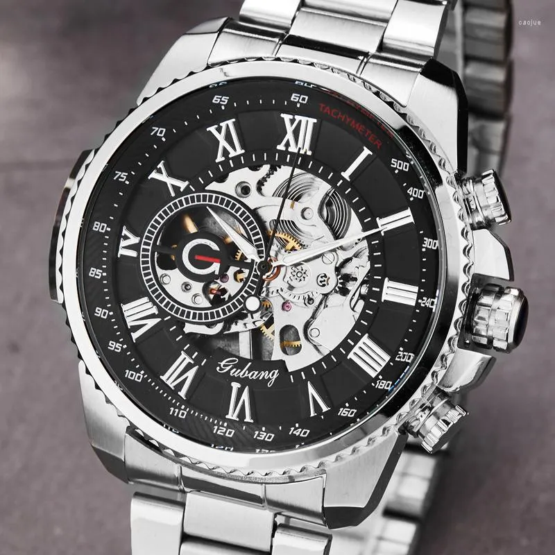 Wristwatches Sliver Moonphase Skeleton Sport Mechanical Watches Men Stainless Steel Transparent Mesh Bracelet Top Watch