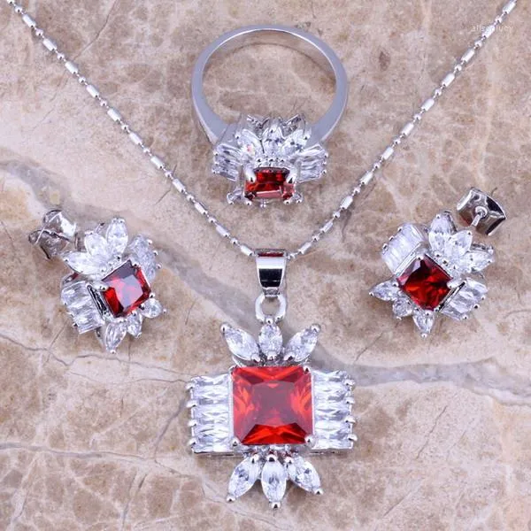 Necklace Earrings Set Classy Red Garnet White CZ Silver Plated Pendant Ring Size 6 / 7 8 9 10 S0112