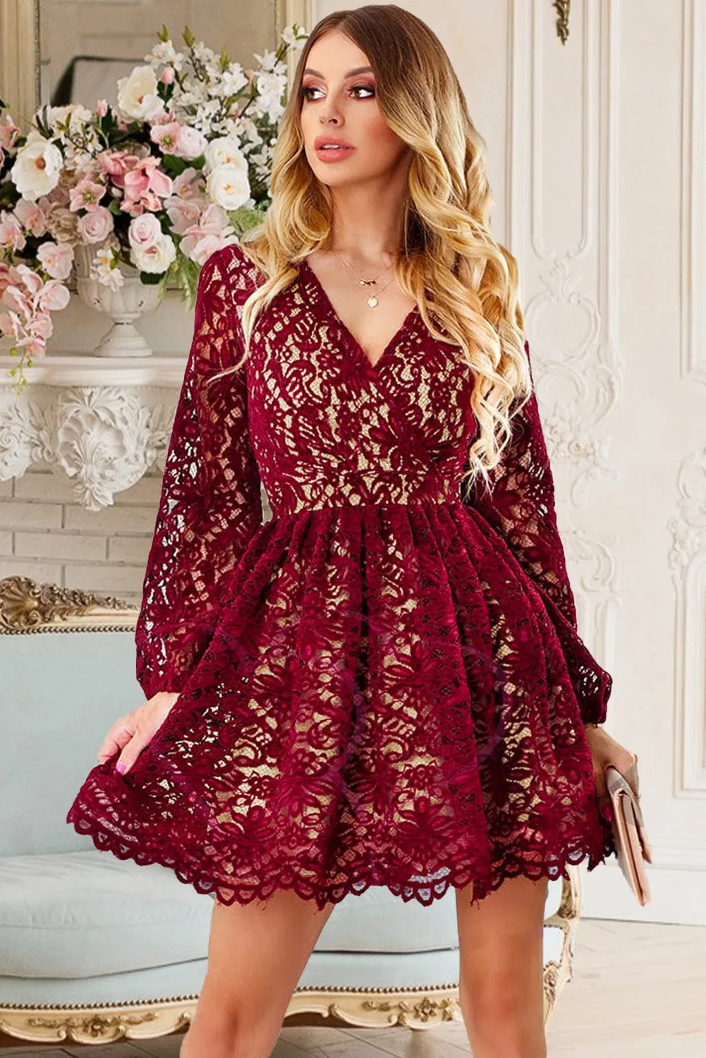 V neck store lace skater dress