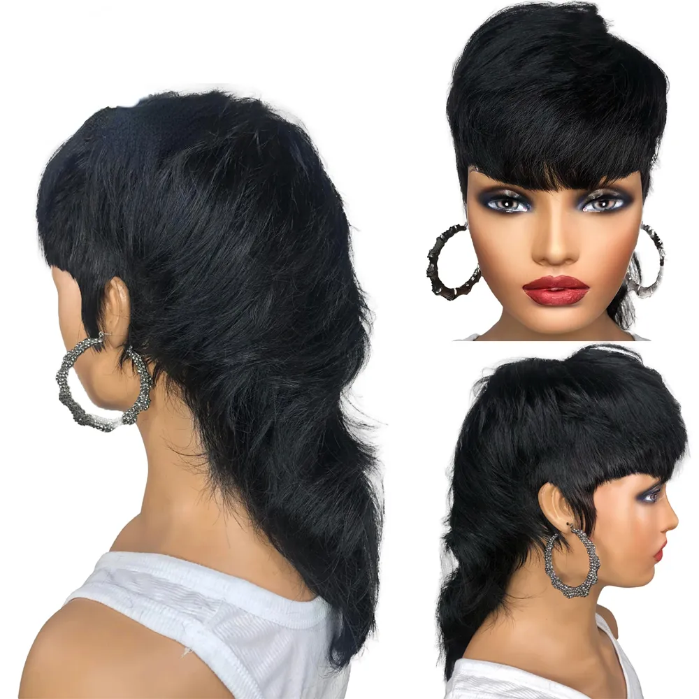 180 Densensity Courte pixie Coup Wigs Full Lace Lace Front Wig avec une frange droite pour les femmes Black / Brown / Red Brésilien Remy Human Hair Wigs