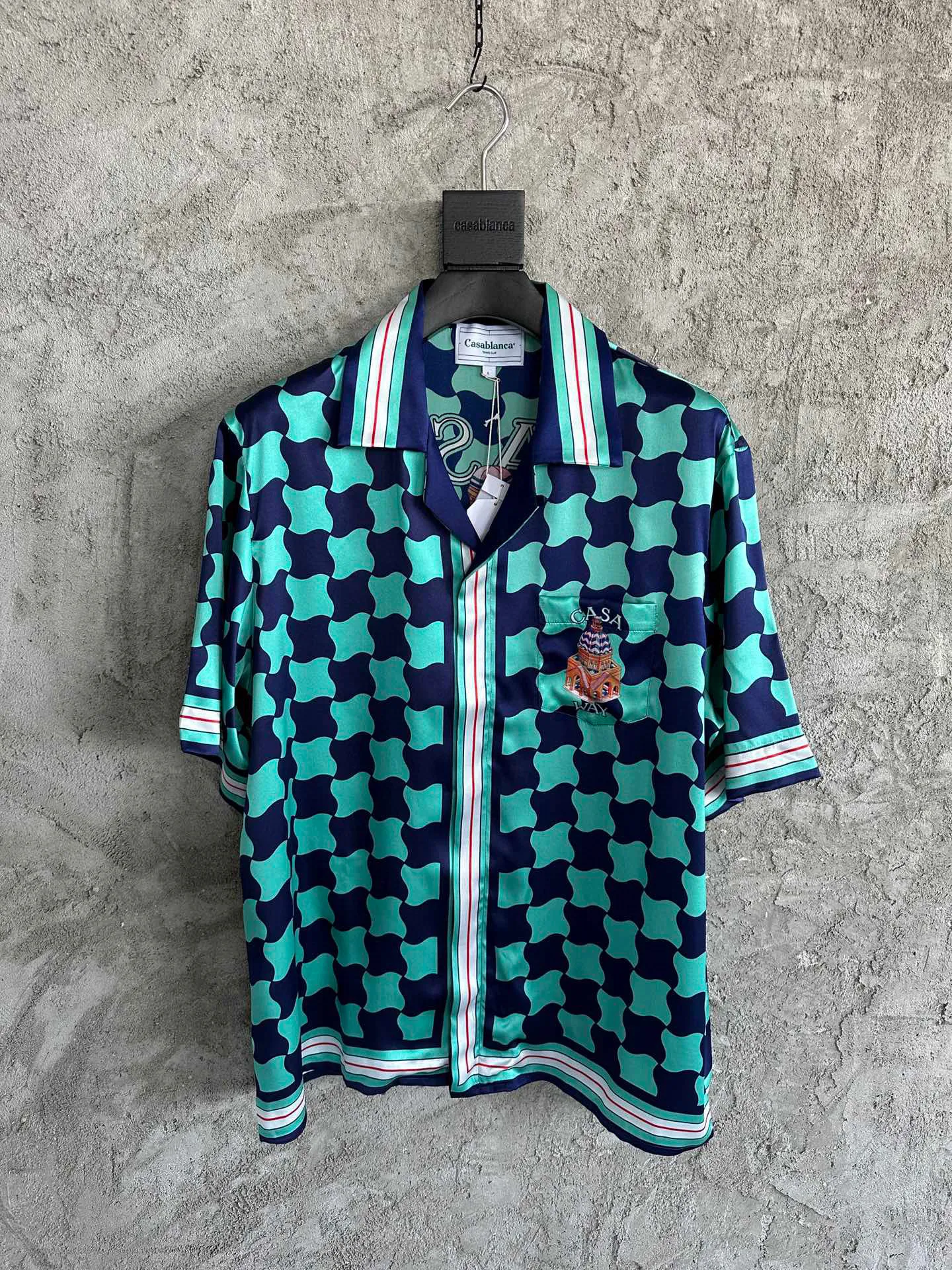 Falection Mens 23SS Casablanca Shirt Tennis Club Wave Checks Castle Print Silk Blended Button Up Shirt Top Viscose