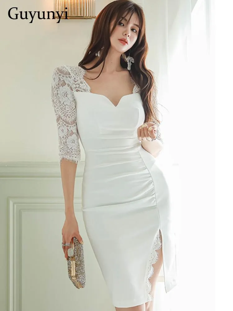Kleid Elegantes Partykleid Sommer Weiß Square Neck Perspektive Spitze Halbarm Hohe Taille Linie Mantel Temperament Büro Dame Kleid