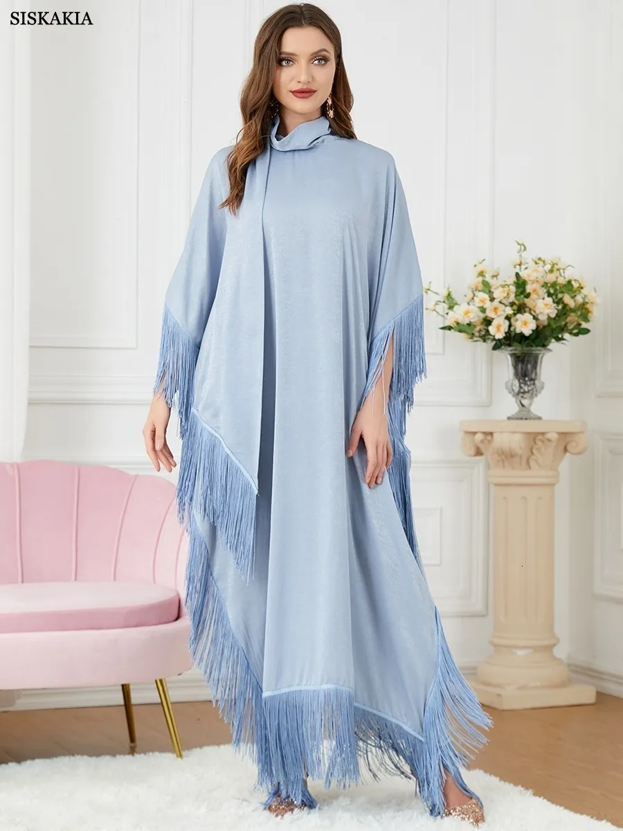 Etnische kleding Abaya Moslimvrouwen Tassel Batwing Sleeve jurk Turtleneck Casual losse oversized onregelmatige zoom Robe Marokkaanse Caftan Ramadan 230517