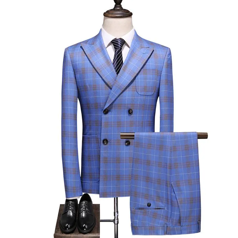 Men's Suits & Blazers Men Light Blue Double Breasted British Style High End Custom Large Size Slim Fit Trend Suit 3pcs Set Blazer Vest Pants