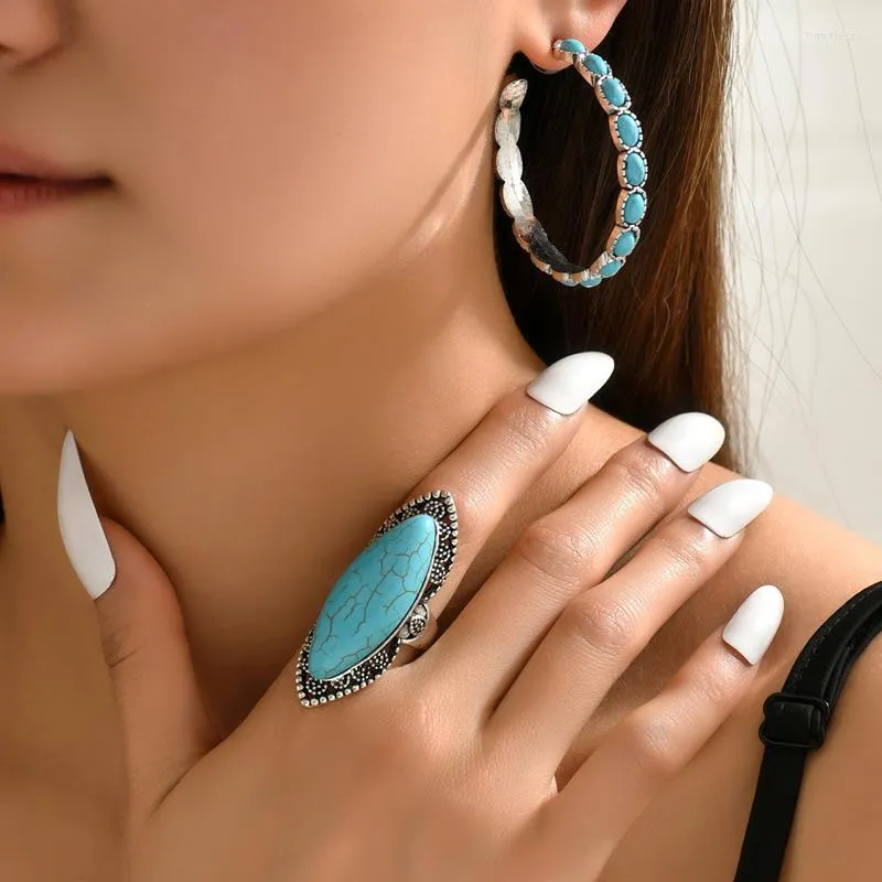 Collier boucles d'oreilles ensemble Boho anneau pour femmes Turquoise pierre cerceau réglable doigt Vintage bijoux